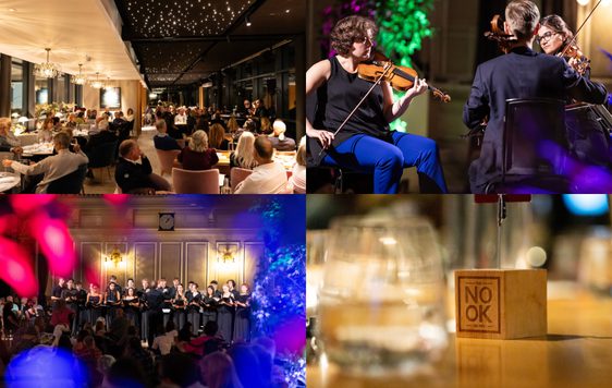 A composite of four images - one of guests enjoying dinner at The Nook, one a close up of a block that reads the Nook and two from Mixtape at Cheltenham Music Festival