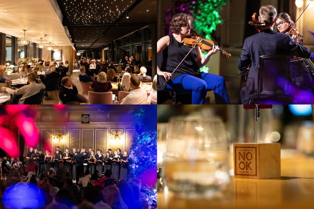 A composite of four images - one of guests enjoying dinner at The Nook, one a close up of a block that reads the Nook and two from Mixtape at Cheltenham Music Festival