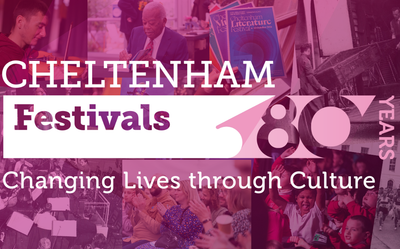 A collage of images from Cheltenham Festivals events depicting musicians, concerts and school children with a pink tinged across the images and the logo which says Cheltenham Festivals 80 Years and the tagline Changing Lives through Culture underneath